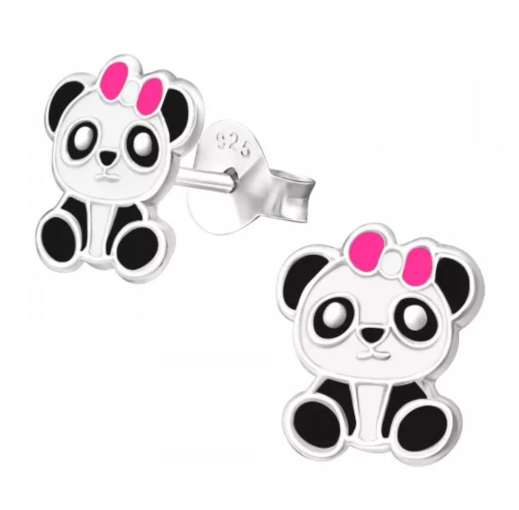 panda oorbellen wit zwart roze strik